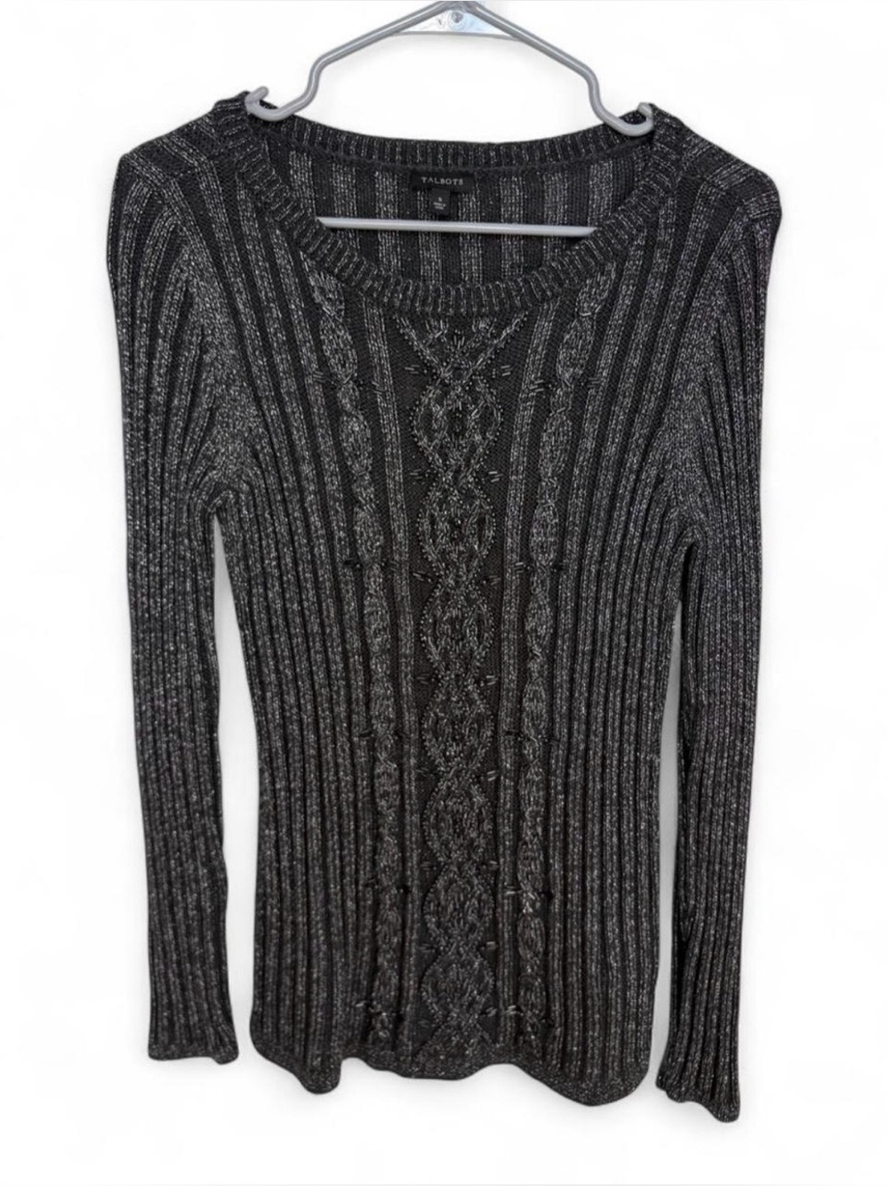 NWT Talbots Black Metallic Silver Cable Knit Beaded Embellished Sweater Small